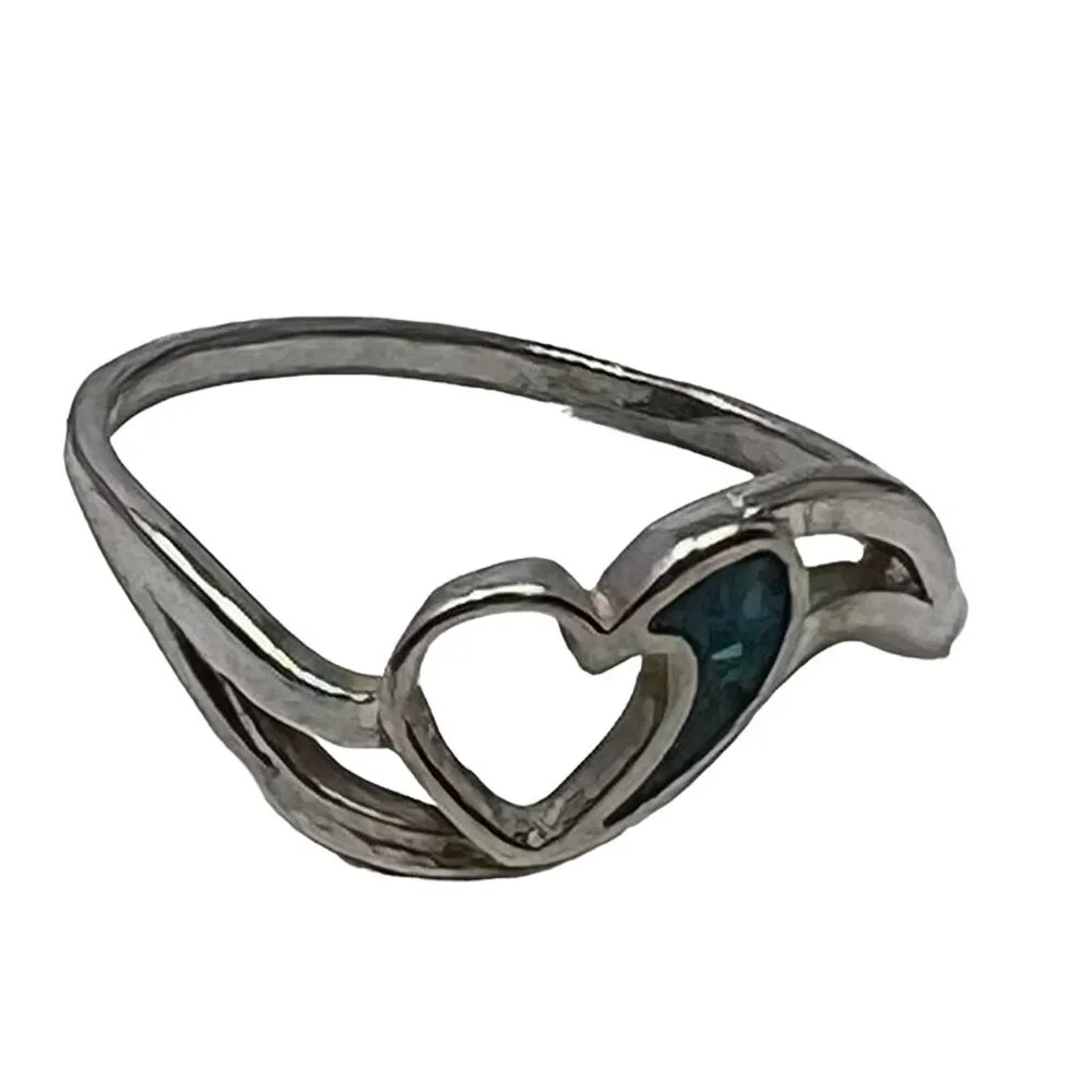 Womens Heart Ring Blue Stone‎ Silver Tone Fashion Size 8 1/2